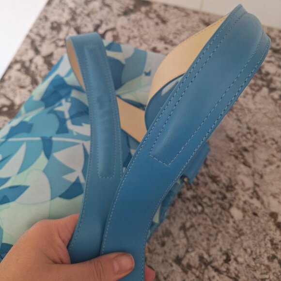 Tumi Womens Open Top Tote Handbag Double Strap, Blue  Leaf Canvas, Leather Trim - Picture 6 of 12